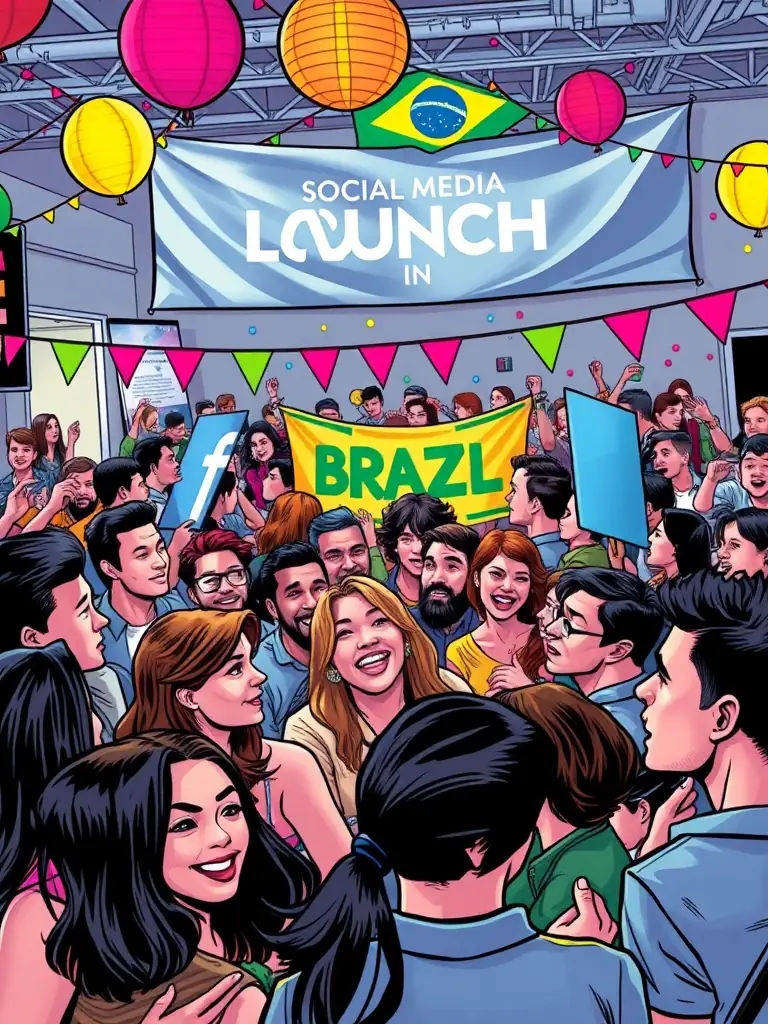 A vibrant photo of a social media campaign launch event in Brazil, showcasing the excitement and engagement of online marketing.